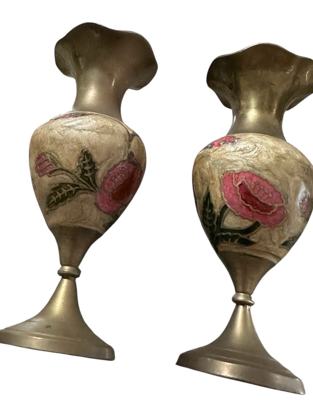 VINTAGE BRASS * ENAMELLED PAIR of FLOWER POTS Pinks, Reds, Greens 14 x 5 cm GOOD